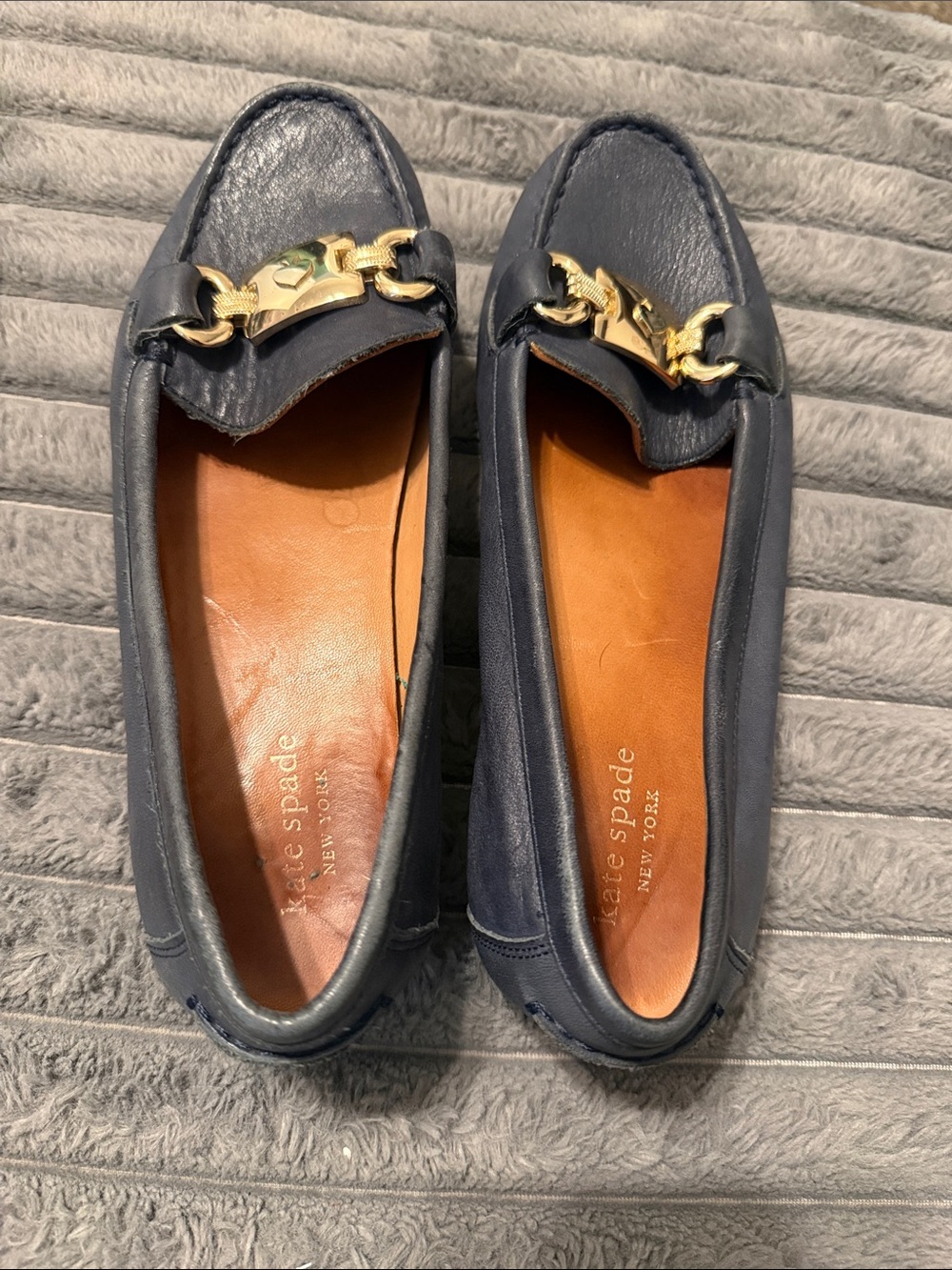 Size 8 kate spade Navy Leather Loafers with Gold Chain Trim